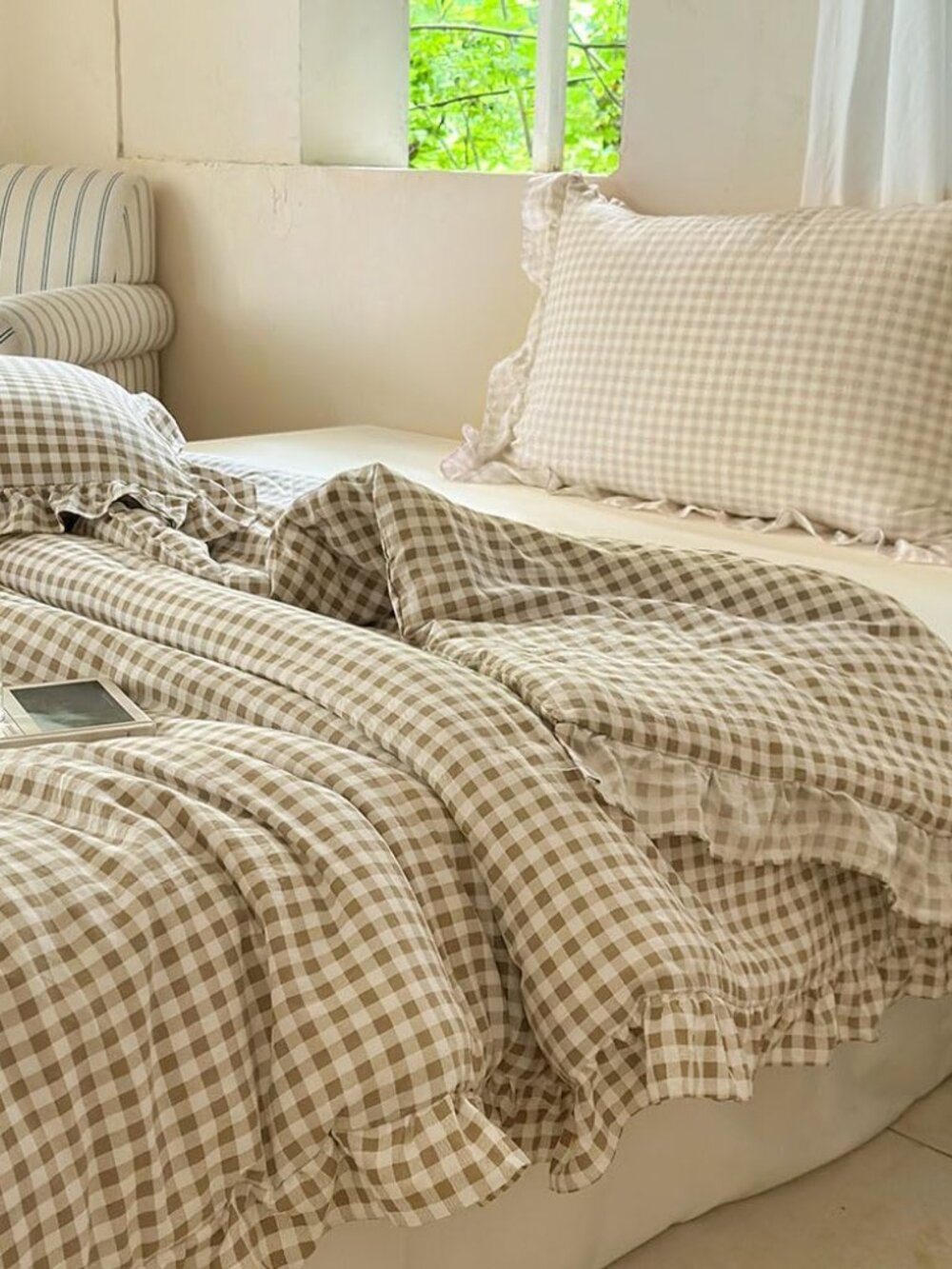 Tan Ruffle Gingham Comforter Set King